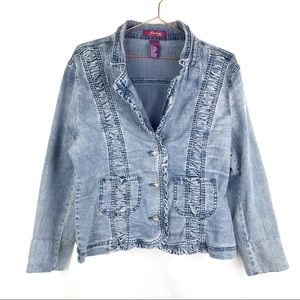 JEANBAY Womens Jean Jacket Ruffled Rhinestone